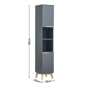 Grey Tall Bathroom Cabinet with Solid Wood Legs 160cm H