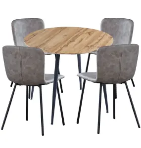 Hallowood Furniture Cullompton Round Dining Table 90cm with 4 Grey Faux Leather Chairs