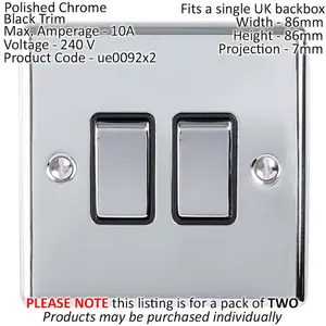 2 PACK 2 Gang Double Metal Light Switch POLISHED CHROME 2 Way 10A Black Trim