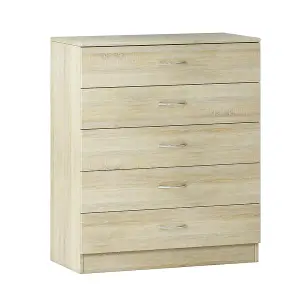 SunDaze Chest of Drawers Bedroom Furniture Bedside Cabinet with Handle 5 Drawer Oak 75x36x90cm