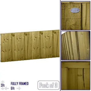 Flat Top Feather Edge Fence Panel (Pack of 3) Width: 6ft x Height: 3ft Vertical Closeboard Planks Fully Framed