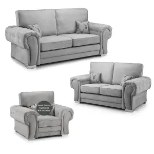 Milan Fabric 3 Piece Sofa Suite Grey Full Back Chesterfield Style