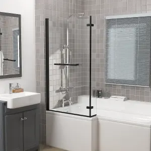 Rinse 810x1400mm Square Bath Shower Screen Bifold 6mm Safety Glass Easy Clean Panel Frameless Pivot Screen Black with Towel Rail