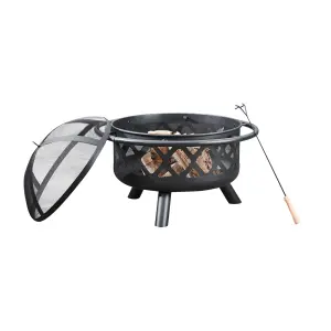 Teamson Home Outdoor Wood Burning Fire Pit, Large Round Metal Garden Heater, Log Burner, Includes Lid & Poker - 75 x 75 x 62 (cm)