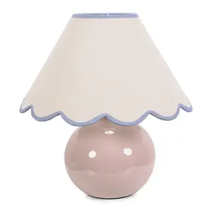 ValueLights Bosco Stone Natural Ceramic Table Lamp with Blue Trim Scallop Shade - LED Bulb Included