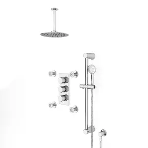 Flora Round 3 Way Concealed Thermostatic Shower Mixer Valve, Shower Head, Body jets, Handset, Slider Rail kit Set Chrome