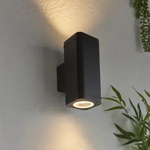 Non Automatic Up & Down Outdoor Wall Light - Textured Black & Glass Diffuser