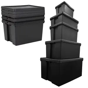 6 x 45L Extra Large Super Strong Black Impact Resistant Heavy Duty Plastic Storage Containers With Lid