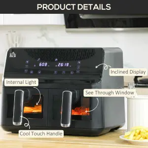 HOMCOM Dual Air Fryer 8L Family Size w/ 2 Basket 8 Presets Cookbook Timer 2500W