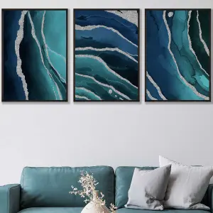 Set of 3 Abstract Teal Blue Silver Strokes Wall Art Prints / 50x70cm / Black Frame