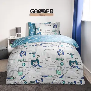 Gaming Duvet Cover Set Reversible Quilt Pillowcase Bedding, Grey - Double