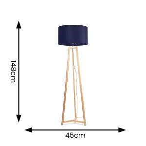 ValueLights Lottie Natural Wood Tripod Floor Lamp with Navy Blue Velvet Drum Shade