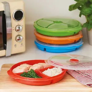 4 x Divided Food Storage Plates - Microwave, Fridge, Freezer & Dishwasher Safe Plastic Plate Set with Sealable Vented Lids