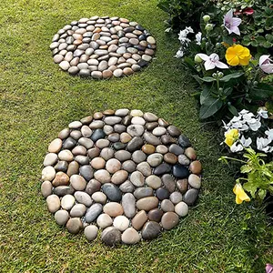 2 x Round Pebble Stepping Stones - Polished River Rock Weatherproof Garden Pathway Slabs with PVC Backing - Each 33cm Diameter