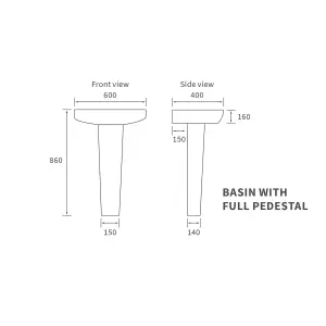 Standon Gloss White D-shaped Floor-mounted Full pedestal Basin (H)86cm (W)60cm