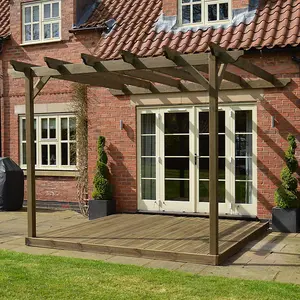 Wall Mounted Garden Pergola and Decking Kit - Wood - L480 x W480 cm - Rustic Brown