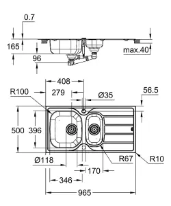 Grohe K200 SINK60 Polished Stainless steel 1.5 Bowl Kitchen sink 500mm x 965mm