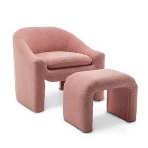 Boucle Teddy Fabric Pink Nicci Accent Chair with Footstool