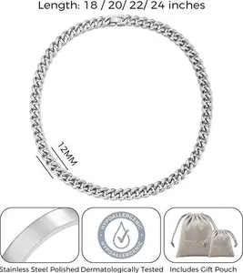 Men's 12mm Stainless Steel 18-24 Inch Cuban Curb Chain Necklace By Philip Jones Jewellery 22 Inch