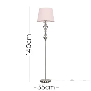 ValueLights Pembroke Traditional Style Brushed Chrome Double Twist Floor Lamp with Pink Shade