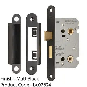 Matt Black Locking Bathroom Door Sashlock Latch - Radius Forend 64mm Deep