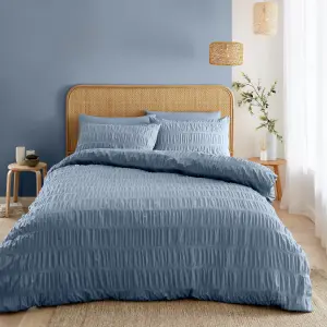 Catherine Lansfield Bedding Seersucker Embellished Duvet Cover Set with Pillowcase Lansfield Blue