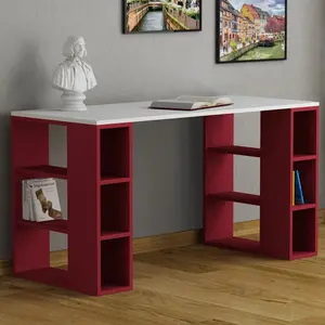 Simone Modern Desk with Built-in Bookcase – Stylish Workspace Desk with 6 Open Shelves White / White