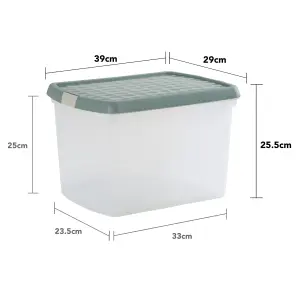 Wham Clip 2x 21.5L Rectangular Plastic Storage Boxes with Secure Clip Lock Lids. L:39 x W:29 x H:25.5cm Clear/Green Milieu/Stone