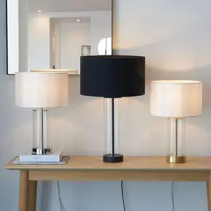 Luminosa Lessina Base & Shade Table Lamp, Satin Brass Plate, Glass, Vintage White Fabric