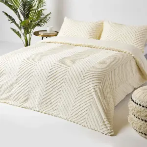 Homescapes Off White Chevron Cotton Tufted Duvet Cover Set, Single