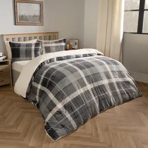 Tartan Fleece Duvet Cover Bedding Check Sherpa Soft Set, Grey - King