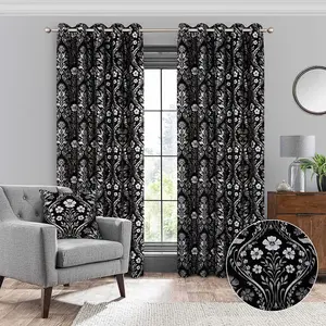 Luna Metallic Chenille Lined Eyelet Curtains - Floral Design Black & Silver Curtains for Bedroom or Living Room - 229 x 229cm