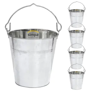 simpa 10L Heavy Duty Galvanised Metal Bucket Pail with Handle - Set of 5