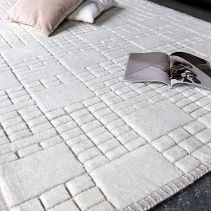 Cream Easy to clean Chequered , Geometric Modern , Wool Rug for Living Room, Bedroom - 160cm X 230cm