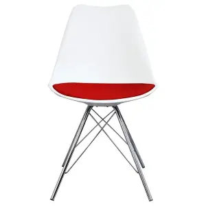 Soho White and Red Plastic Dining Chair with Chrome Metal Legs