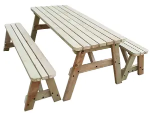 Victoria wooden picnic bench and table set, rounded outdoor dining set (8ft, Natural finish)