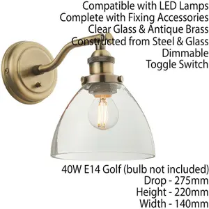 2 PACK Dimmable LED Wall Light Antique Brass Glass Shade Adjustable Lamp Fitting