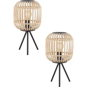 2 PACK Table Lamp Desk Light Black Tripod & Round Wood Cage Shade 1x 28W E27