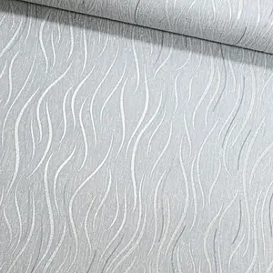 Plain Metallic Glitter Silver Grey Wave Stripe Wallpaper Textured Vinyl Thick