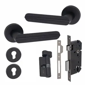 1 Pair Modern Lima Euro Lock Door Handles, 70mm Key & Thumbturn Barrell Matt Black Finish - Golden Grace