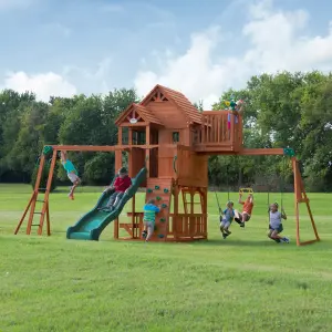 Backyard Discovery Skyfort II Wooden Climbing Frame with 2 x Swings, Trapeze and 1 x Slide