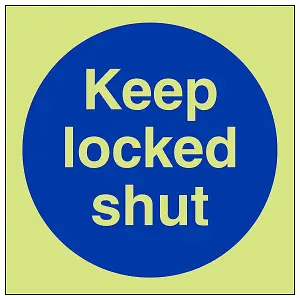 Keep Locked Shut Door Safety Sign - Glow in the Dark - 100x100mm (x3)