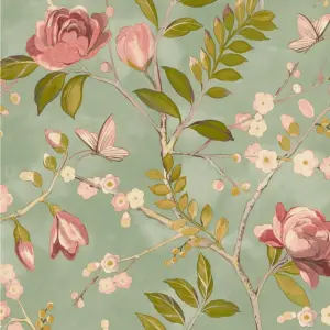 Lola Green Floral Wallpaper Pink Roses Butterflies Smooth Matte Finish Grandeco