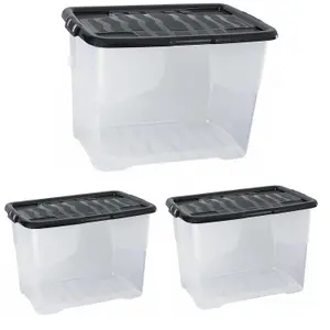 3 x 100 Litres Clear Transparent Base Curve Storage Containers With Black Lids For Home & Office