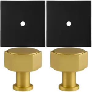 2 PACK - Cabinet Door Knob & Contrasting Backplate Set - Hex Kitchen Pull - Satin Brass & Matt Black