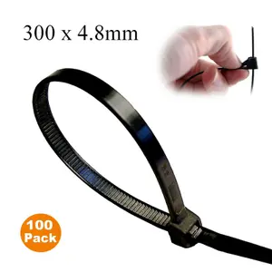 Homesmart 100 x Black Releasable Cable Ties 300mm x 4.8mm Reusable Wire Tidy Zip Wrap Straps