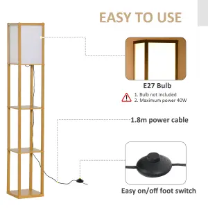 HOMCOM Floor Lamp Reading Lamp with 3-Tier Storage Shelf for Home Office Natural