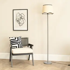 ValueLights Heather Grey Wood Stem Floor Lamp with Scallop Black Trim Tapered Shade and LED Bulb