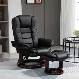 HOMCOM Swivel Manual Recliner and Footrest Set PU Leather Lounge Chair Black