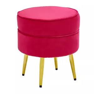 Interiors by Premier Elegant Round Bright Pink Velvet Gold Leg Footstool, Plush Foam Padded Gold Finished Footrest For Bedrooms